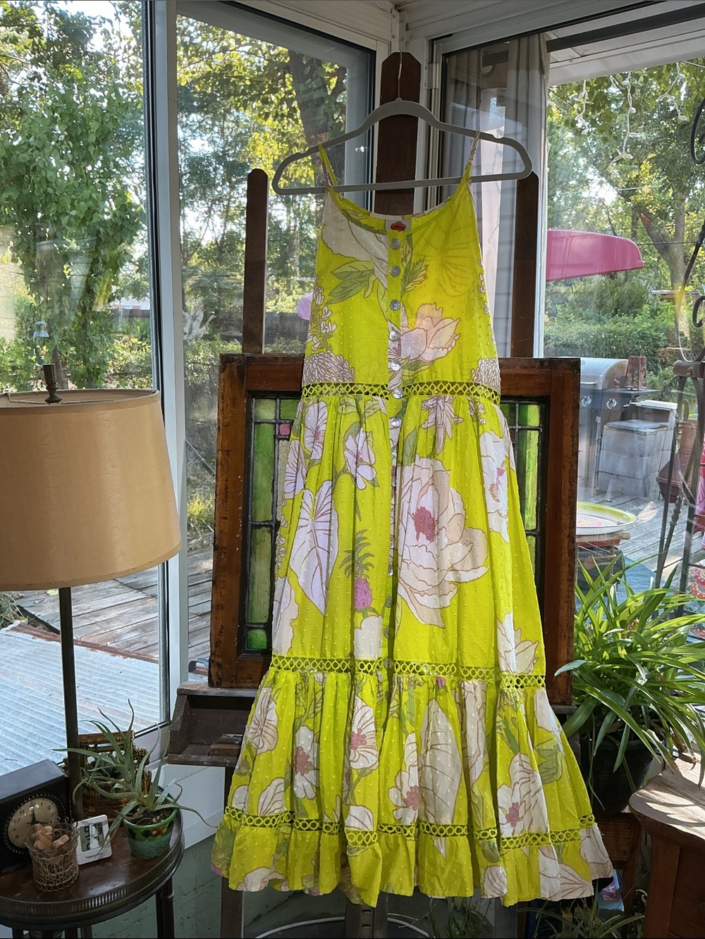 FARM Rio Lime Green Floral Tiered Sundress with Lace Insets